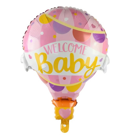 Balon din Folie Metalizata, Flippy, Mini Figurine, Model Balon cu Aer Cald Fetita, Tematica Welcome Baby, 80x62 cm, Ambalaj Individual, Pai Inclus, Umflare cu Aer sau Heliu, Roz