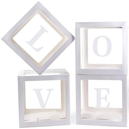 Set 4 Cutii pentru Baloane, Flippy, Model Scris Love, Tematica Iubire, Cuburi Decorative din Plastic, Accesorii pentru Petrecere, 30 x30 cm, Transparente Contur Alb