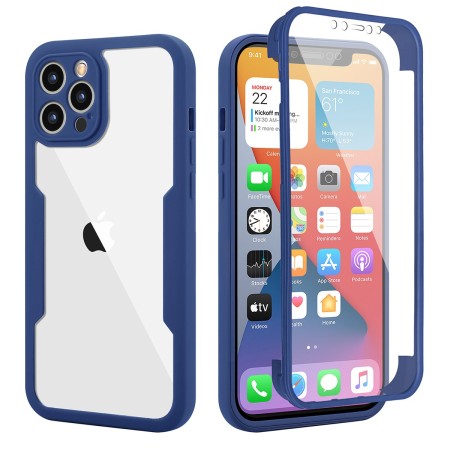 Husa Max Defence pentru iPhone 13 Pro, Bumper Albastru, Fata Dubla Transparenta, Protectie Antisoc Full 360 ( fata, spate, margini ), Flippy