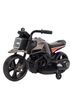 Motocicleta Electrica cu 2 Roti Mari si 2 Roti Ajutatoare, Flippy, Acumulator Incarcare, Anti-Rasturnare, Lumini, Muzica, Motor:380, Baterie 6V4.5, 41.5x70x34 cm, 4.5 Kg, 3 Ani+, Gri Negru