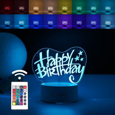 Lampa LED decorativa, Flippy, 3D, Happy Birthday, cu USB si baterii, 20 cm inaltime, din material acril, lumina multicolora si telecomanda inclusa, alb