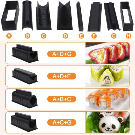 Set ustensile pentru facut sushi Flippy, 10 piese, forma inima inclus, 3 forme clasice, extensibil, finisaj lucios, material ABS, curatare usoara, negru