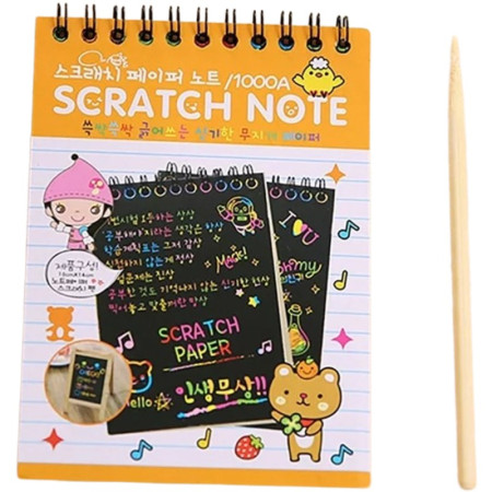 Caiet cu fise razuibile Flippy, DIY Magic Scratch, 12 File, Curcubeu, Creion din Lemn, Cartonase negre, 14.5 x 10 cm, portocaliu