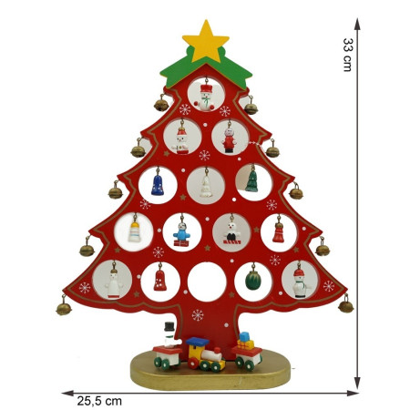 Decoratiune Craciun, Brad, Rosu, 15 cavitati cu ornamente, 25.5 cm x 33 cm, Lemn, Flippy