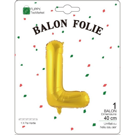 Balon Folie Metalizata Litera L, Flippy, 40 cm, Umflati cu Heliu sau Aer, Ambalaj Individual, Pai inclus, Auriu