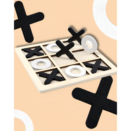 Jucarie Montessori Tic Tac Toe, Flippy, Educativa, Interactiva, din lemn, X si O, 9 Piese, 14.3x14.3 cm, Negru Alb