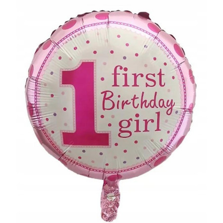 Balon din Folie Metalizata, Flippy, Prima Aniversare, Model First Birthday Girl, 45 cm, Ambalaj Individual, Pai Inclus, Umflare cu Aer sau Heliu, Roz