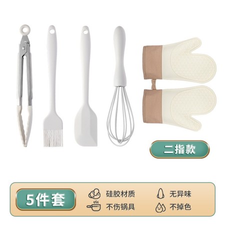 Set 5 Ustensile de Bucatarie, Flippy, din Silicon si Inox, Mini Spatula, Tel, Cleste, Perie pentru Ulei, Manusi, Termorezistente, Antiaderente, Alb