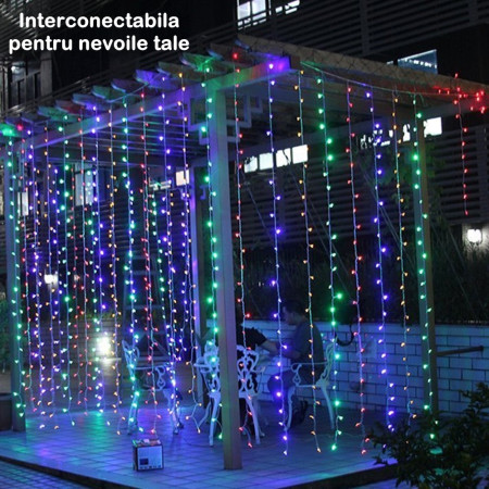 Instalatie Craciun Yoto, Tip Perdea, 3 m x 2 m, 240 LED-uri, Prelungitor 1.5 m, 8 Jocuri de Lumini, Interconectabila, Fir transparent, Interior/Exterior, Multicolor