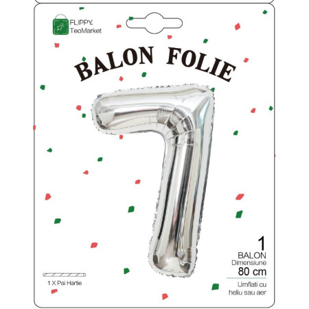 Balon din Folie Metalizata, Flippy, Figurina Cifra, Tema Aniversare 80 cm, Ambalaj Individual, Pai inclus, Umflare cu Aer sau Heliu, Argintiu, Cifra 7