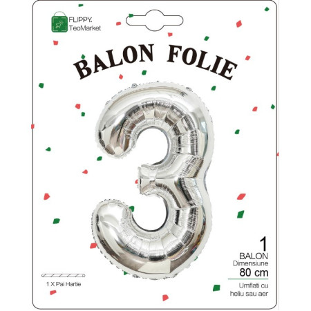 Balon din Folie Metalizata, Flippy, Figurina Cifra, Tema Aniversare 80 cm, Ambalaj Individual, Pai inclus, Umflare cu Aer sau Heliu, Argintiu, Cifra 3