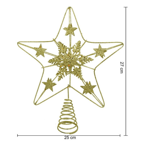 Varf decorativ de brad, Auriu, in forma de Stea, design de stele, din Plastic/Metal, 25 cm x 27 cm, Interior/Exterior, Flippy
