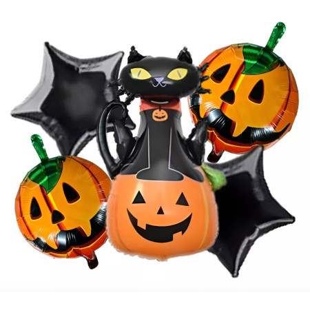 Set 5 Baloane din Folie Metalizata, Flippy, Figurine, Tema Halloween, Pai Inclus, Ambalaj Individual, Umflare cu Aer sau Heliu, Figurina Dovleac si Pisica 90x60 cm, Stelute si Cerculete 45 cm, Portocaliu-Negru