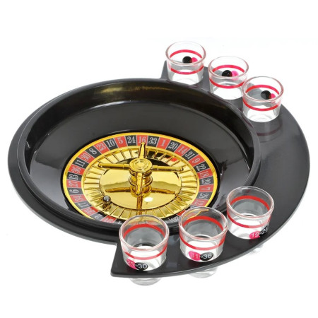 Joc de Baut Ruleta Flippy, cu 6 Pahare de Shot din Sticla , 30 x 26.5 x 6.5 cm, Rosu/Negru