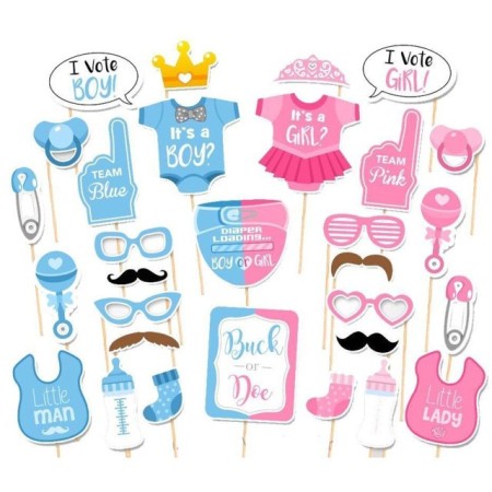 Set 43 de Accesorii pentru Petrecere, Flippy, Props pentru Coltul de Poze, Gender Reveal, Tematica Baby Shower, Albastru-Roz