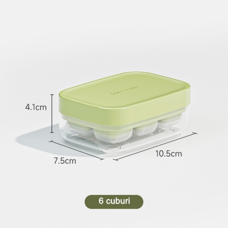 Forma pentru gheata cu presa Flippy, din silicon alimentar, 6 cuburi, caserola pentru depozitare, usor de folosit si curatat, 10.5 x 7.5 x 4.1 cm, verde