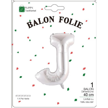 Balon Folie Metalizata Litera J, Flippy, 40 cm, Umflati cu Heliu sau Aer, Ambalaj Individual, Pai inclus, Argintiu