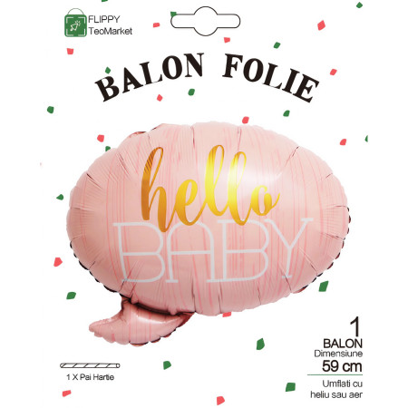 Balon din Folie Metalizata, Flippy, Figurina Norisor, Tema Hello Baby , 59x50 cm, Ambalaj Individual, Pai Inclus, Umflare cu Aer sau Heliu, Roz