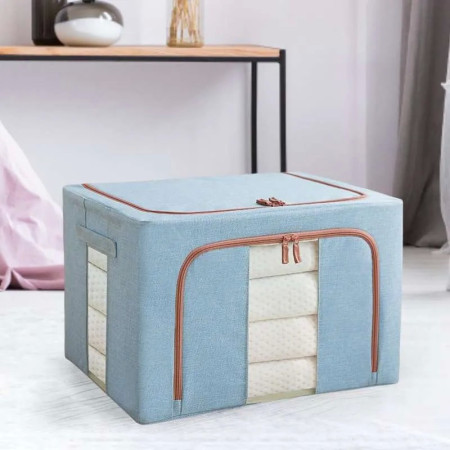 Cutie de Depozitare Pliabila, Flippy, 66 L, din Bumbac si In, 50x40x33 cm, 2 Ferestre, Frontala si Laterala, 2 Usi de Acces cu Fermoar Bidirectional, Cadru Metalic, Suport Baza Stabil din Plastic, Bleu