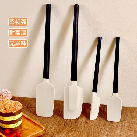 Set 4 Ustensile de Bucatarie, Flippy, din Silicon si Lemn, Spatule de Diferite Dimensiuni, Termorezistente, Antiaderente, Alb-Negru