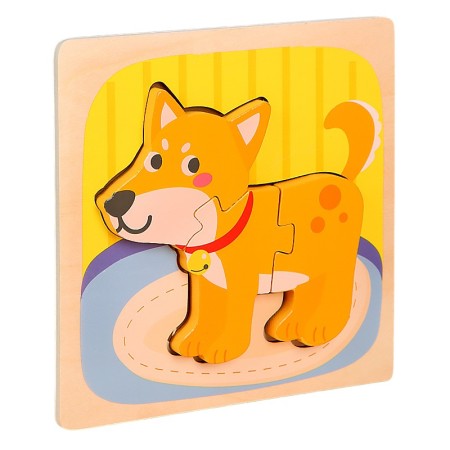 Puzzle Montessori din Lemn pentru Copii, Flippy, 3D, 0-3 Ani, Model Catel, Educativ, Intuitiv, Creativ, 3 Piese, 15x15x0.5 cm, Multicolor