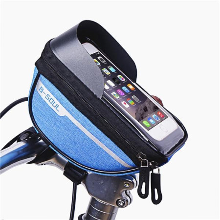 Borseta bicicleta impermeabila cu husa pentru telefon Flippy, montare pe ghidon, compatibila cu telefoane de pana la 16 cm, spatiu depozitare, 18.5x9.5 cm, albastru