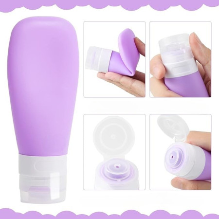 Recipient Portabil din Silicon Elegant de Voiaj, Sticla de Calatorie, Flippy, Potrivita pentru Lotiune, Sampon si Alte Lichide, Anti-scurgere, cu Posibilitate de Reumplere, Capacitate 90mL, Mov