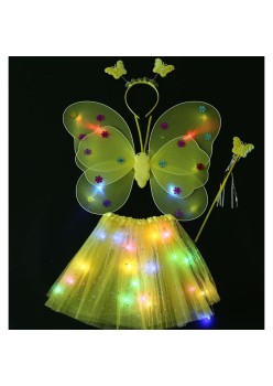 Costum Fluturas cu Aripi Modelabile Luminoase pentru Copii, Flippy, Fusta din Tul cu Lumini, Bagheta si Bentita, 4 piese, Pentru Halloween, Cosplay, Craciun, Carnaval, Paste, Ziua Copilului, Bumbac/Poliester, Marime universala, Galben