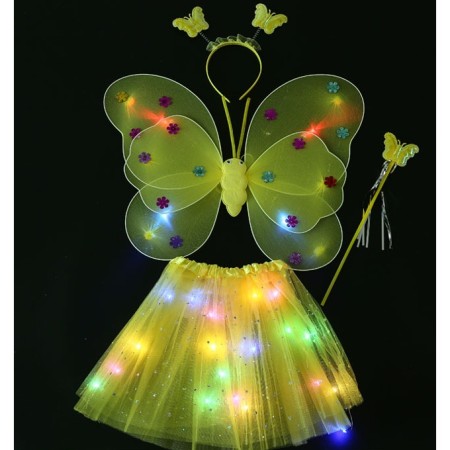 Costum Fluturas cu Aripi Modelabile Luminoase pentru Copii, Flippy, Fusta din Tul cu Lumini, Bagheta si Bentita, 4 piese, Pentru Halloween, Cosplay, Craciun, Carnaval, Paste, Ziua Copilului, Bumbac/Poliester, Marime universala, Galben