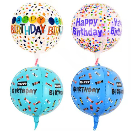 Balon din Folie Metalizata, Flippy, Figurine 4D, Model Happy Birthday, Tematica Aniversara Bombonele, 63x24 cm, Ambalaj Individual, Pai Inclus, Umflare cu Aer sau Heliu, Mov-Multicolor