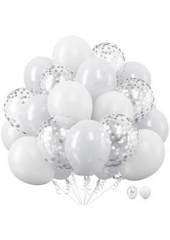 Set 10 Baloane din Latex, Flippy, Model Party, 30 cm, 5x Alb, 5x Transparent Confetti, 2.8 g