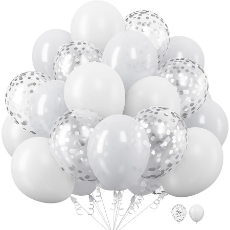 Set 10 Baloane din Latex, Flippy, Model Party, 30 cm, 5x Alb, 5x Transparent Confetti, 2.8 g