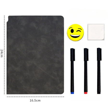 Set Agenda A5 Reutilizabila cu Pagini Tip Tabla, Agenda Pagini Albe cu Stergere Uscata, 3 Markere, 1 Burete și 1 Laveta de sters, Portabila, 24 x 16.5 cm, Coperta Piele, Negru