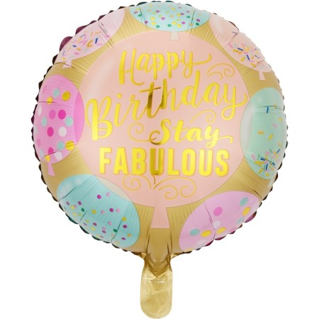 Balon din Folie Metalizata, Flippy, Mini Figurina Rotunda, Model Happy Birthday Stay Fabulous, Tematica Aniversare, 45 cm, Ambalaj Individual, Pai Inclus, Umflare cu Aer sau Heliu, Multicolor