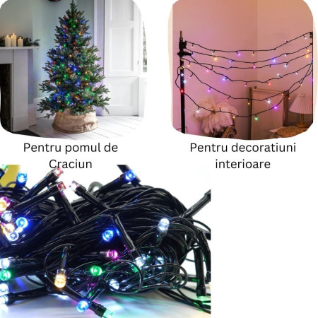 Instalatie de Craciun liniara Yoto, 10 m, din care 1 m cablu priza 220V, 100 LED, 8 jocuri de lumini, muzicala, pentru interior, controler, fir negru, multicolor