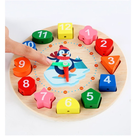 Jucarie Educativa Flippy, Tip Montessori, Model Ceas Pinguin, din Lemn, + 36 Luni, 12 Piese, 17.2 cm, Multicolor