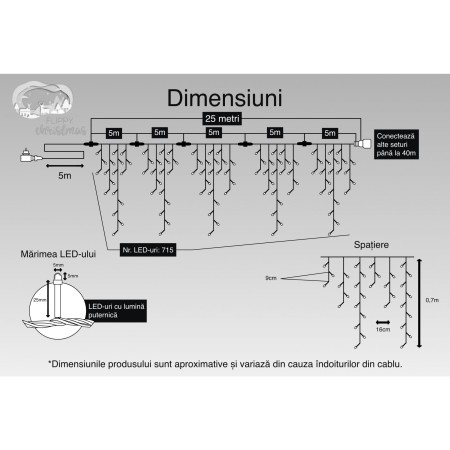 Instalatie Craciun, 25 m, 715 Led-uri ,Franjuri, Alb rece, Flash, Transformator cu telecomanda, Interconectabila, Prelungitor 5 m inclus, Fir Transparent, Flippy