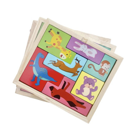 Puzzle din Lemn Flippy, Tip Tetris, +4 Ani, cu Animale Colorate 3D, 7 Piese, Multicolor