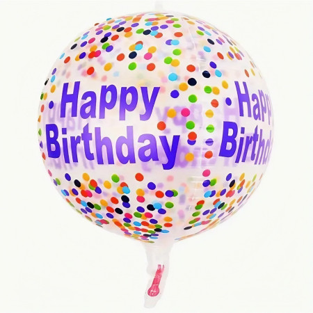 Balon din Folie Metalizata, Flippy, Figurine 4D, Model Happy Birthday, Tematica Aniversara Bombonele, 63x24 cm, Ambalaj Individual, Pai Inclus, Umflare cu Aer sau Heliu, Mov-Multicolor