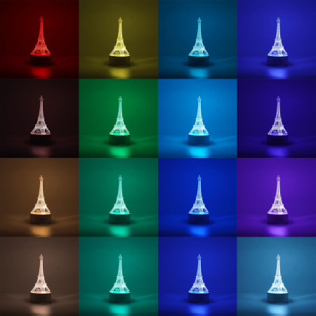 Lampa LED decorativa, Flippy, 3D, Turnul Eiffel, din material acril si lumina multicolora, alb