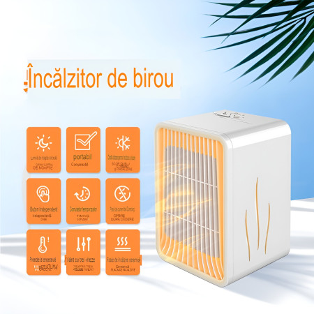 Mini Incalzitor pentru Birou, Flippy, Incalzire si Racire, 1000-1200W, cu Lumini, cu Maner, Lungime Cablu 1.5 m, 3 Trepte de Temperatura, 15.3x13.8x22.5 cm, Alb