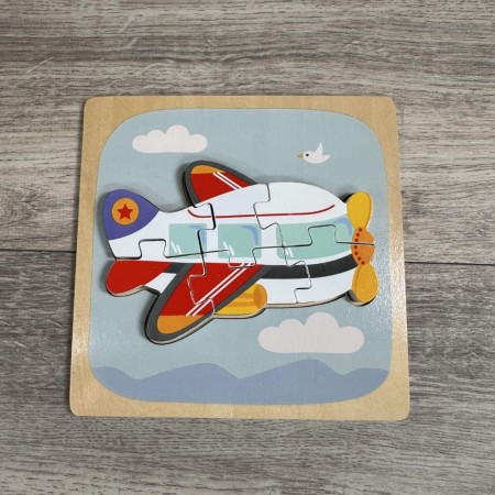 Puzzle Montessori din Lemn pentru Copii, Flippy, 3D, 0-3 Ani, Model Avion, Educativ, Intuitiv, Creativ, 6 Piese, 15x15x0.5 cm, Multicolor