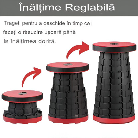 Scaun Telescopic Pliabil pentru Camping si Pescuit, Flippy, Portabil, Universal, Sustine 150 kg, ABS, Diametru 25 cm, Extensibil, Inaltime 45 cm, Rosu-Negru