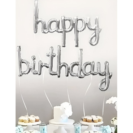 Set Baloane din Folie Metalizată, Flippy, Model Happy Birthday, 45x85 cm, 45x124cm, Baloane Party, Ambalaj Individual, Pai inclus, Umflare cu Aer sau Heliu, Argintiu