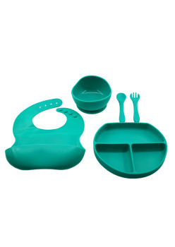 Set 5 piese diversificare bebelusi si copii din silicon Flippy, baveta, farfurie compartimentata cu ventuza, bol cu ventuza, tacamuri, fara alergeni, verde