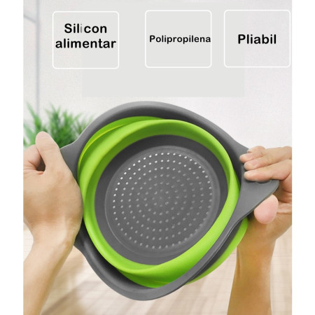 Set 2 strecuratori pliabile din silicon alimentar Flippy, cu manere, fund antiaderent si antialunecare, rotunda, doua dimensiuni, usor de depozitat, compatibil cu masina de spalat vase, verde