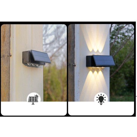 Lampa solara LED bidirectionala Flippy, cu panou ajustabil, comutator culoare lumina, pentru perete, scari, gradina, terasa, 16 x 6.5 cm, 6 LED-uri, material ABS, baterie 3.7 V, 1200mah, multicolor