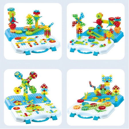 Set Constructie Bormasina Magica cu Servieta, Flippy, 310 Piese, Albastru, Piese Multicolore, Plastic, 31x46 cm