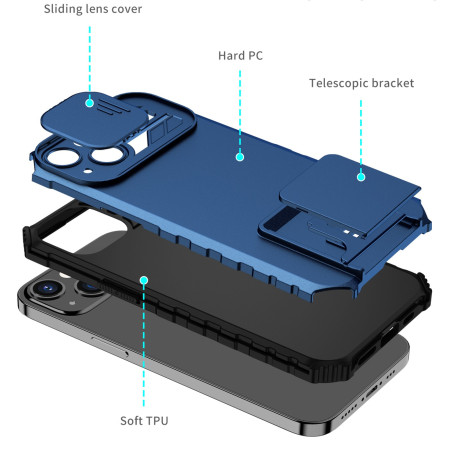 Husa Defender cu Stand pentru iPhone 12, Albastru, Suport reglabil, Antisoc, Protectie glisanta pentru camera, Flippy