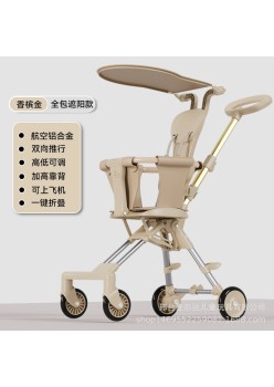 Stroller lightweight foldable two-way baby infant 1 to 3 years old children high landscape stroller - color: champagne + cushion + sunshade